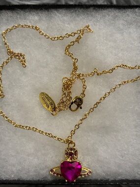 Vivienne Westwood Gold Necklace with Hot Pink Heart Pendant and Accent Stones